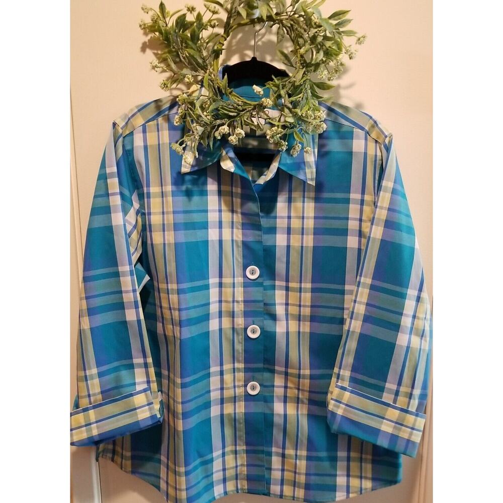 Foxcroft Shirt Womens 16 Shaped Blue Green Plaid White Buttons Long Sleeveโ